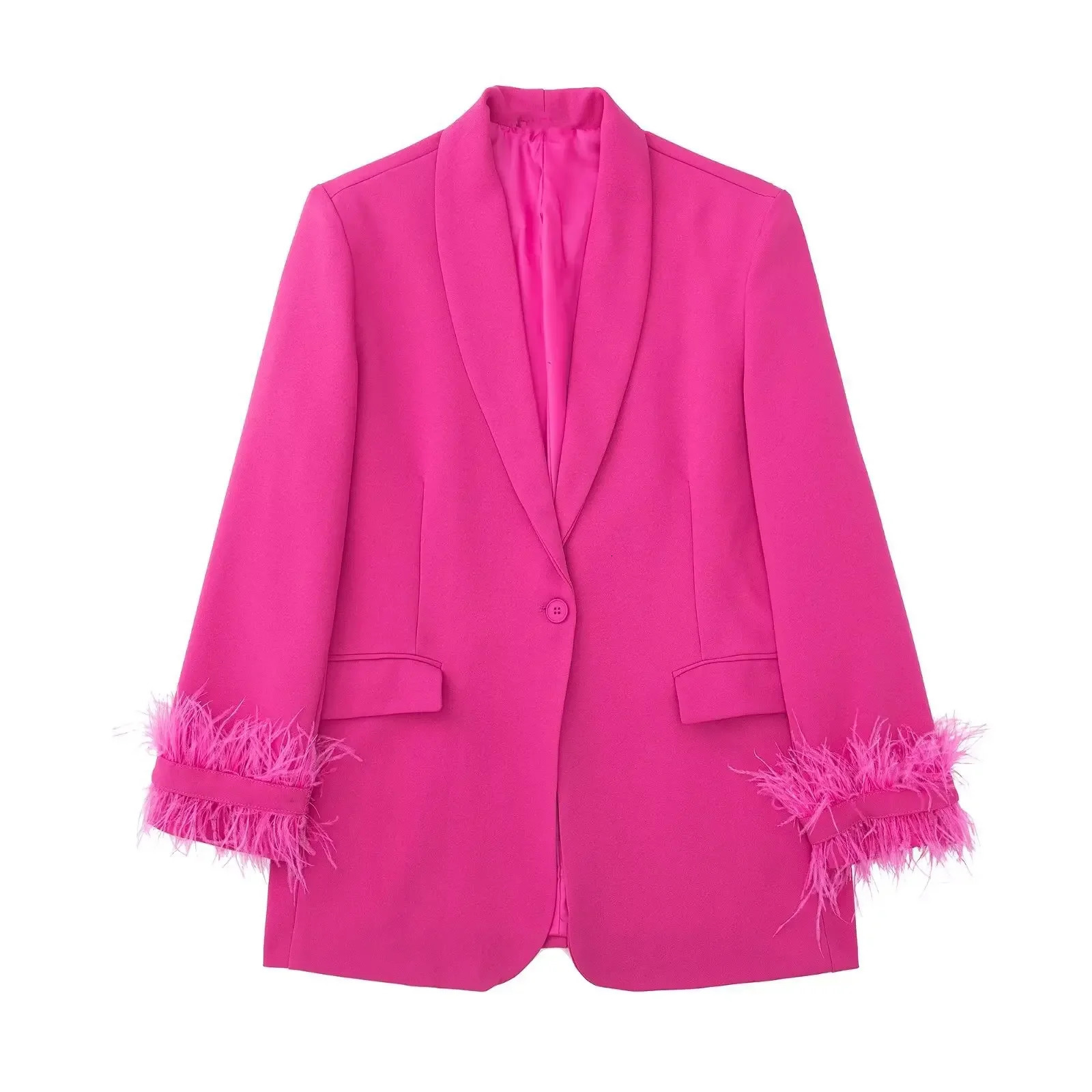 Feather Blazer Woman Black Button Jacket Women Long Sleeve Office Wear Blazers Streetwear Winter Female Coats 241209