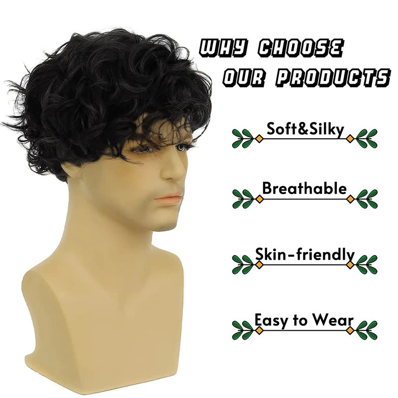 Short black synthetic wigs with bangs for menfluffy curly hair daily heat resistant breathable male wig 241213