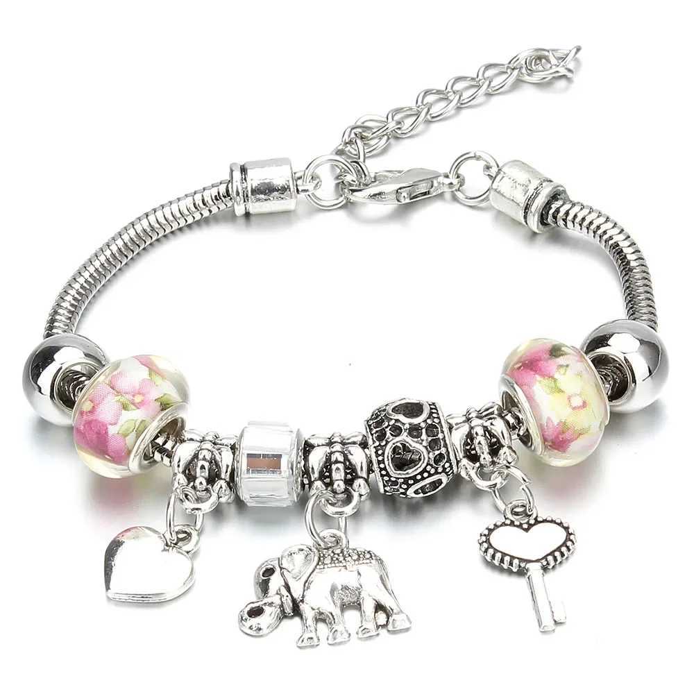 Antique Original Elephant Key Lock She 6 Colors Charm Bracelets for Women Glass Beads Bracelet Bangle DIY Jewelry GiftsXJ241214