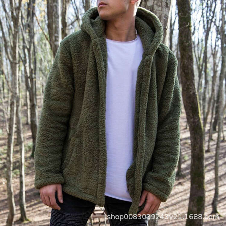 Foreign Trade Men's Autumn Winter Casual Solid Color Hooded Jacket, European American Plush Coat, Warm And Fashionable Quality Classic
