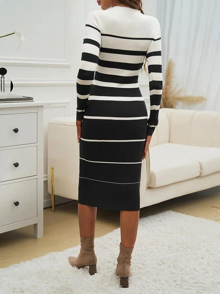 Women Sweater Long Dresses2024 Autumn Steiped Casual DressWomen Clothingdresses 2024 WomenLong Sleeve Dresses 241212