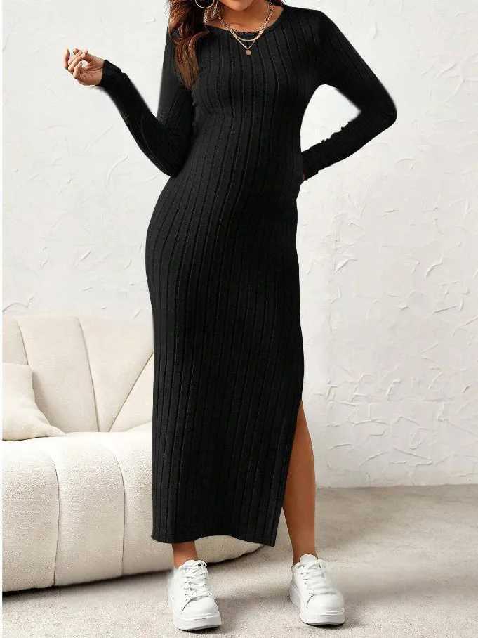 Autumn Winter Materni Womens Long Sleeve Dresses Premama Round Neck Sexy Slit Knitted Long Casual Dress New Pregnant ClothingXJ241213