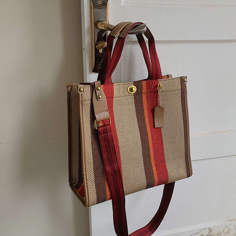 New European And American Retro Tote Bag For Women, Trendy Canvas Striped Student Shoulder Crossbody Backpack