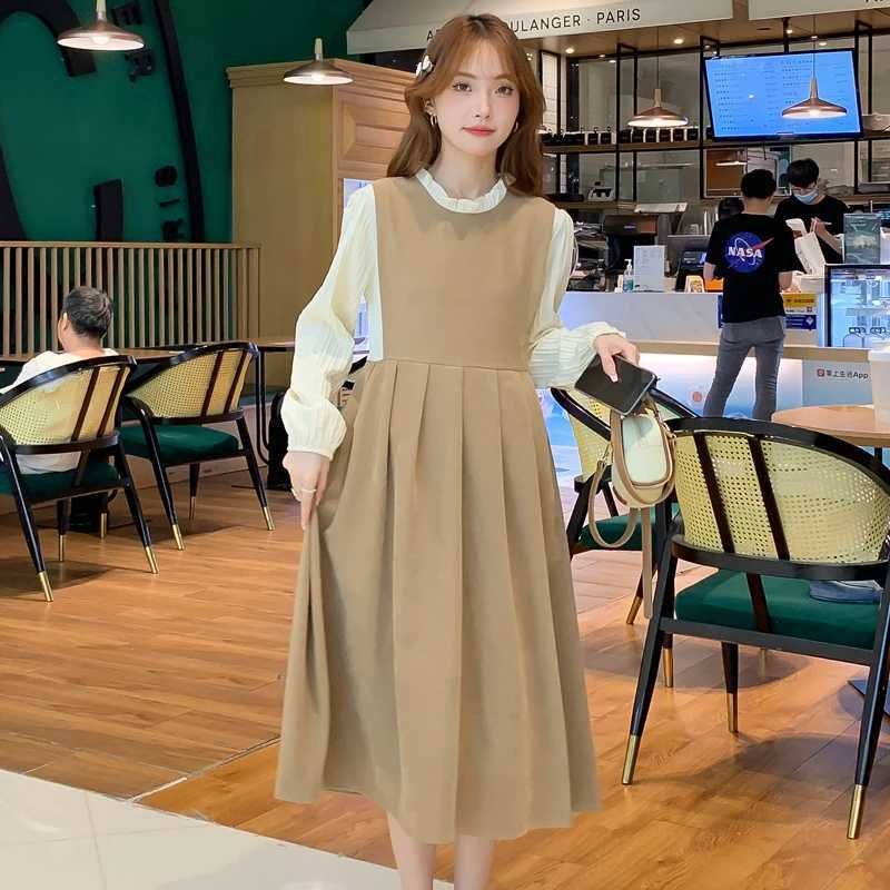 Pregnant Womens Clothing for Autumn Block Color Patchwork Long Sleeve Ruffle Collar Materni Pleated Dress Office Lady ClothesXJ241213