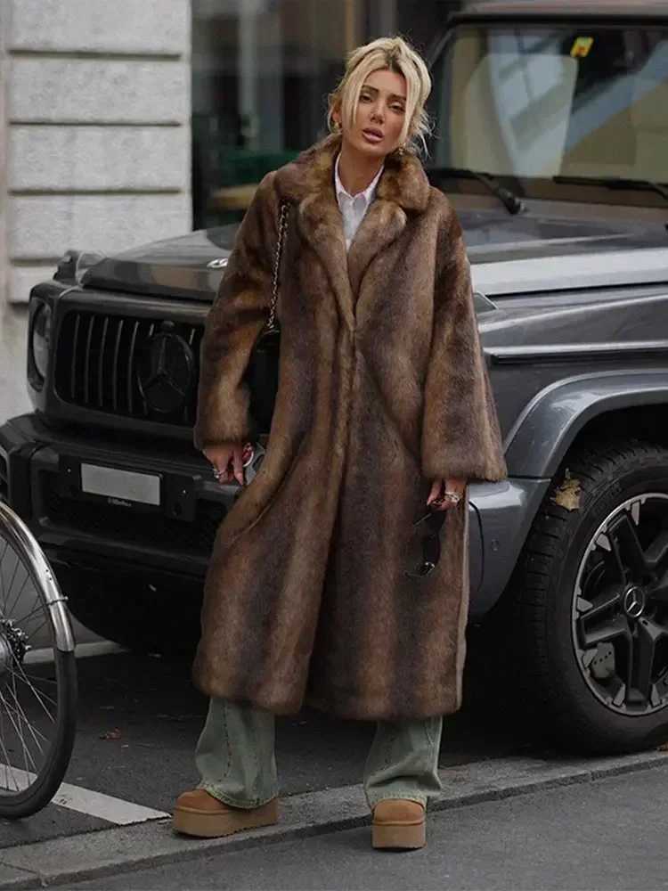Womens Retro Luxury Long Faux Fur Coat Fashion Collar Long Sleeve Single Chest Jacket Winter Womens Fashion Strt Warm Top X241214