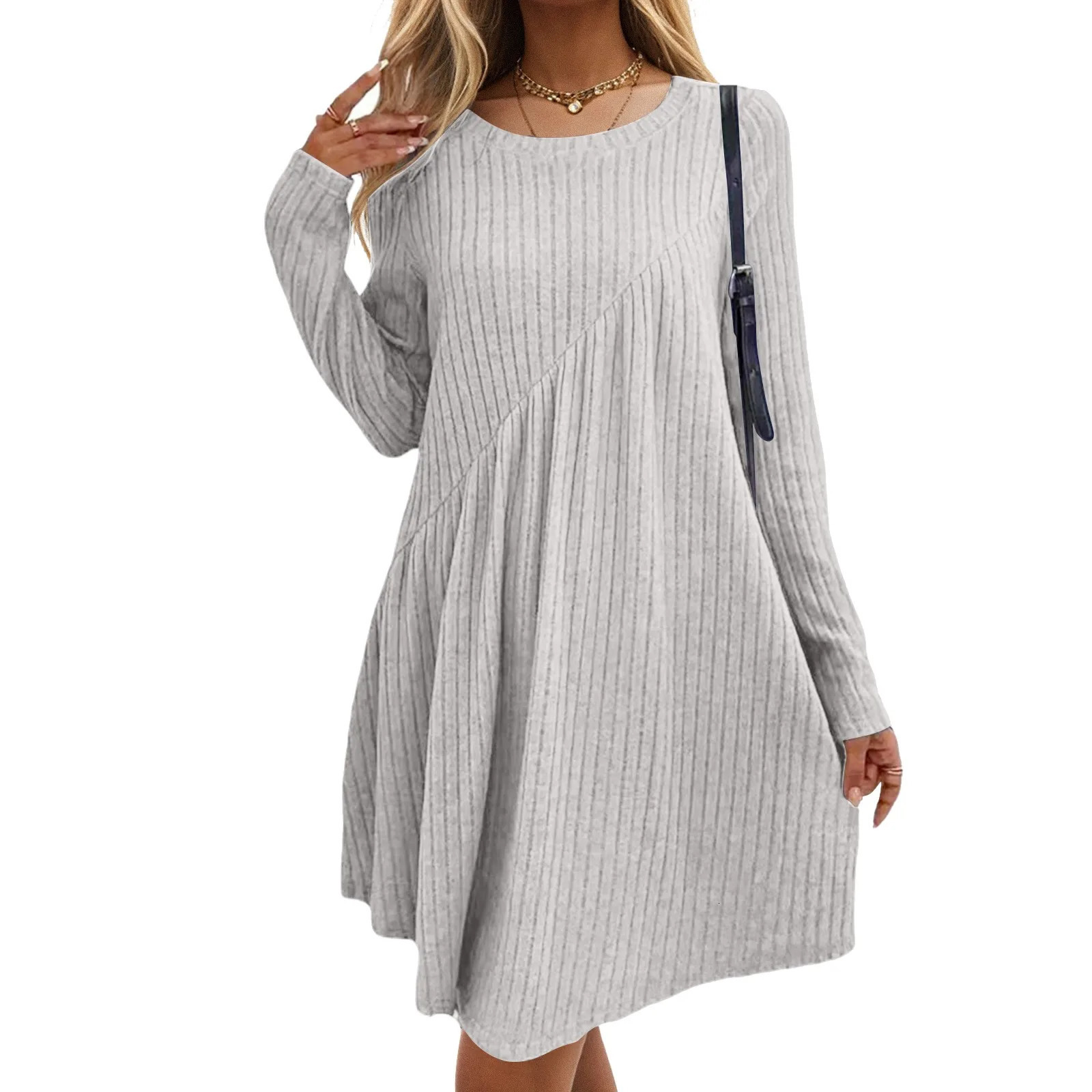Womens autumn sweater dress streetwear staff neckline long sleeves winter knit Midi 2024 asymmetric tension short sleeved 241212