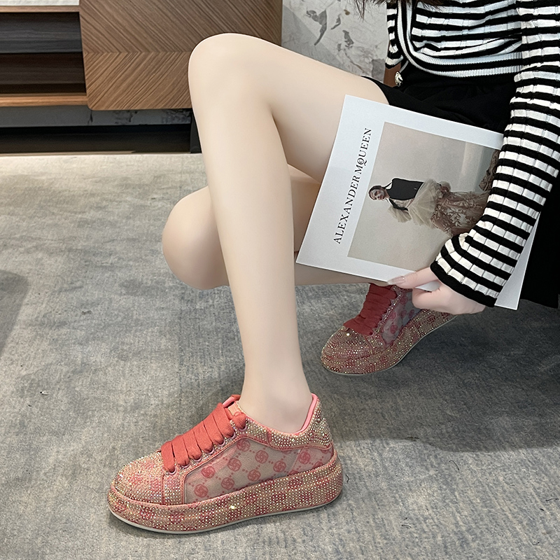 Full Diamond Thick Bottom Designer Casual Shoes with Lace up Women's Fashion Sports Shoes Pink Printed Women's Luxury Flat Shoes High Qualit