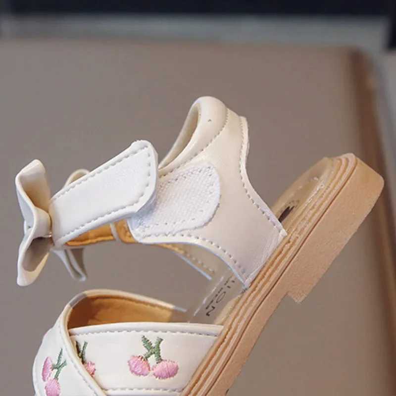 Sandals Summer Sandals for Girls Bow-knot Embroid Flower Children Sliders Green Pink 22-31 Classic All-match Soft Kids Flat Shoes H07051 H241213