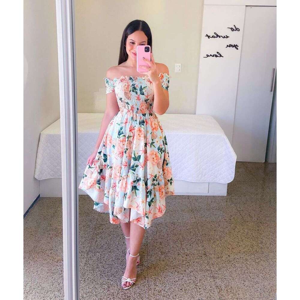 Cross Border One Collar Asymmetrical Off Shoulder Short Sleeved Digital Printed Dress From Europe And America