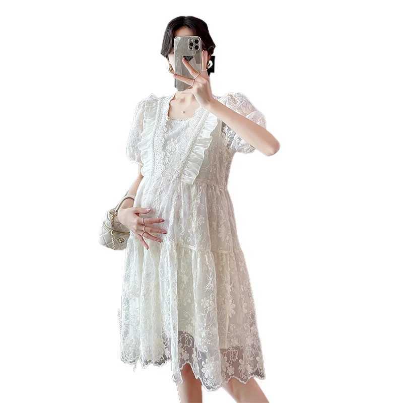 Good Quali Summer Materni Lace Dress Sweet Puff Sleeve Ruffles Patchwork Pregnant Woman Organza Dress Princess Par DressesXJ241213