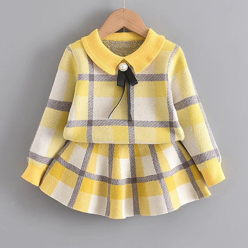 Bear Leader Winter Princess Outfits Girls Plaid Cute Clothing Sets Fashion Kids Baby Knitted Sweaters with Bow Ruffles Skirt 241213