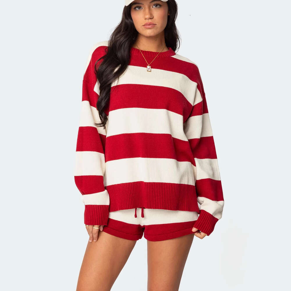 2025 new European and American knitted women's loose round neck pullover, long sleeved striped sweater jacket for women