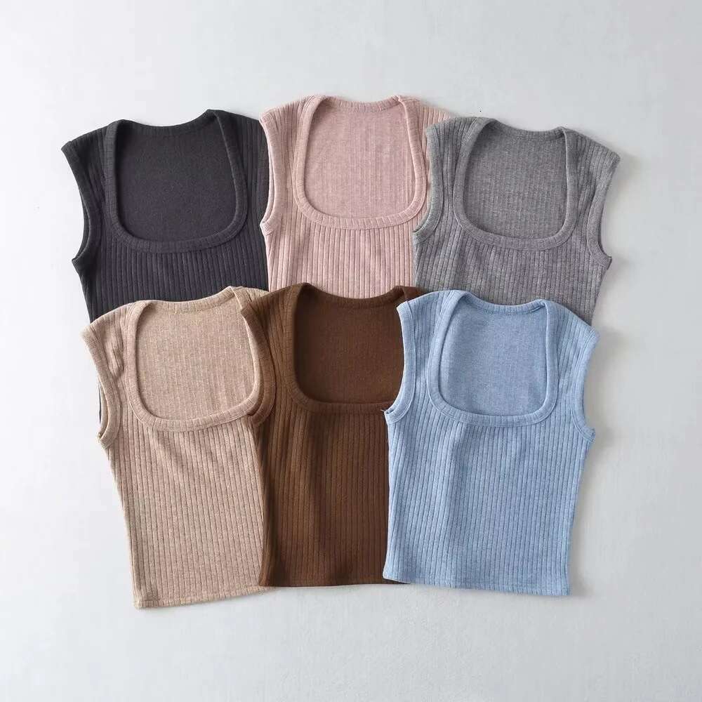 Summer Spicy Girl Sexy Tight Square Neck Cashmere Texture Women's Elastic Slim Short Tank Top 2024 New Style Stylish and Elegant Clothing