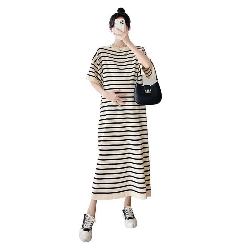 1021# 2024 Summer Striped Knitted Materni Long Dress Casual Loose Straight Clothes for Pregnant Women Pregnancy Ice CoolXJ241213