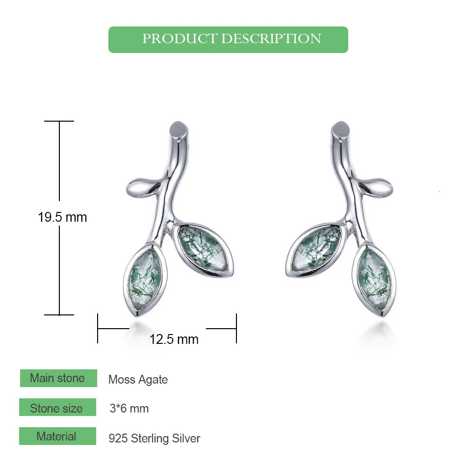 WES 925 Sterling Silver Horse Eye Moss Agate Stud Earrings for Woman Leaf Wedding Gifts Fine Jewelry Rhodium Plated 241214