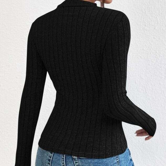 European American style 2023 autumn new item, high-end and personalized neck, U-neck, long sleeved, pit stripe, fleece knit T-shirt for women