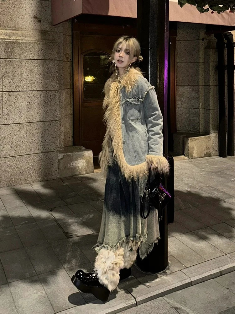 Y2k Aesthetics blue denim pocket jacket retro Grunge fur patch work jacket Harajuku winter single chest streetwear jacket 241210