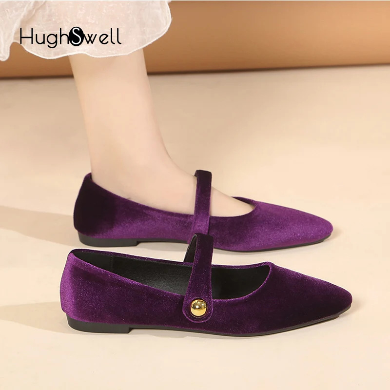 Elegant Velvet Ballet Flats Woman Velour Mary Jane Shoes Ladies Pointed Toe Buckle Strap Loafers In Purple Green 241213