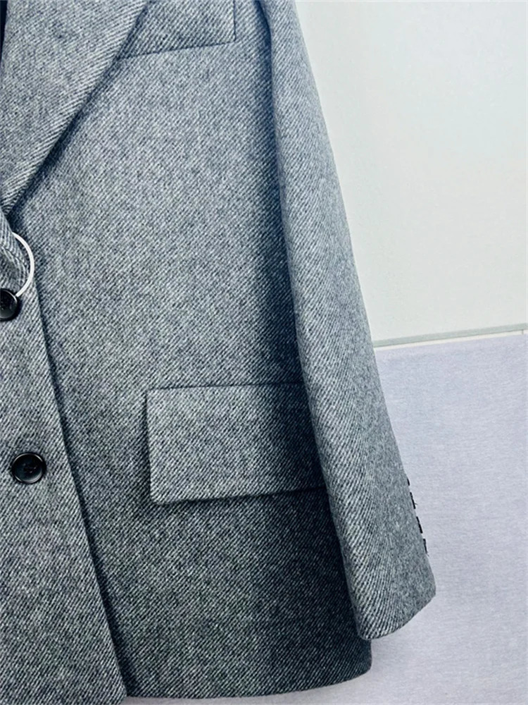 Ladies SingleBreasted Grey Elegant Jacket Tops with Pockets Autumn Winter Womens Hooded Suit Blazer Coat 241209