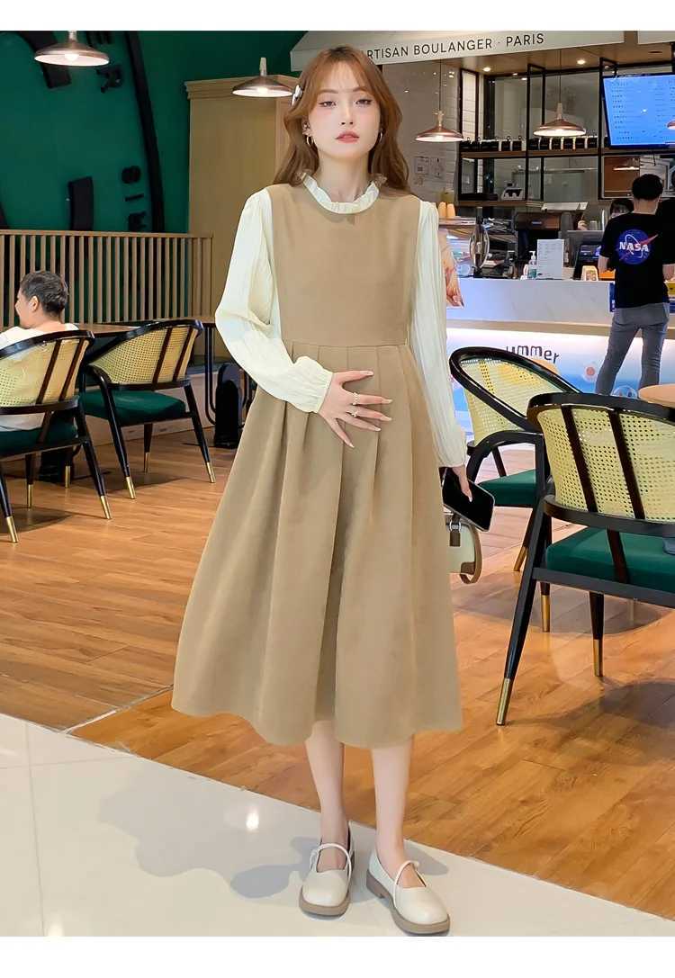 Pregnant Womens Clothing for Autumn Block Color Patchwork Long Sleeve Ruffle Collar Materni Pleated Dress Office Lady ClothesXJ241213