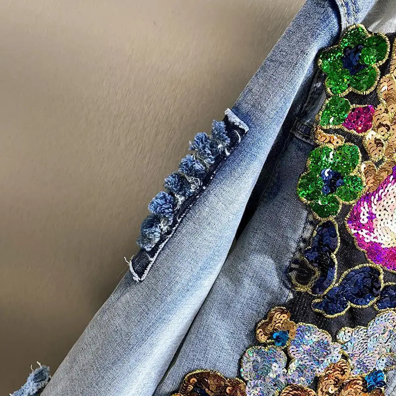 Vintage Diamond Inlaid Flower Embroidered Denim Coat Spring Sparkle Stickers Ultra Thin Jeans Jacket Cowboy Cardigan Jaqueta 241211