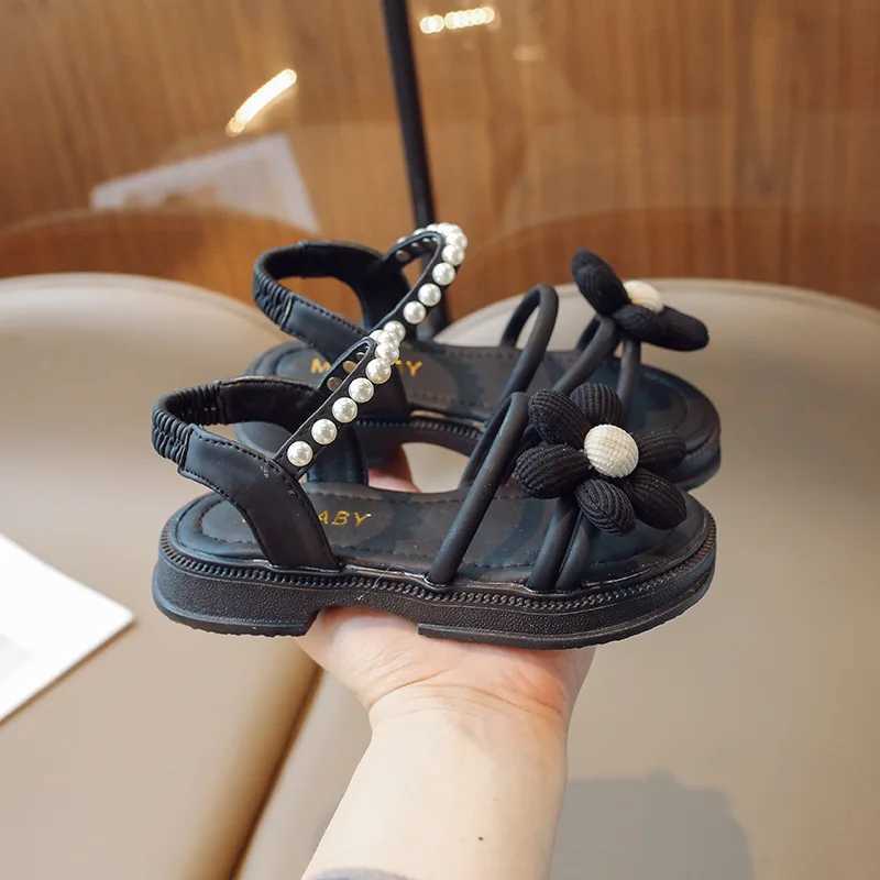 Sandals Girls Sandals Summer Appliques Black Beige Children Sliders Anti-slip Flower 26-35 mary janes All-match Kids Shoes Child H05165 H241213
