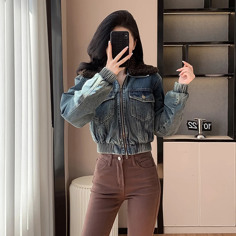 IEQJ Spliced Fur Collar Long Sleeve Cow Jacket Womens Zipper Collar Retro Street Pocket Jacket Womens Jacket 3DM0010 241210