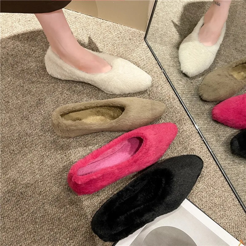Fashion Pointed Toe Fur Ballet Flat Woman Winter Warm Plush Shallow Loafer Ladies Concise Furry Heeled Dress Shoes Womens Shoes 241213