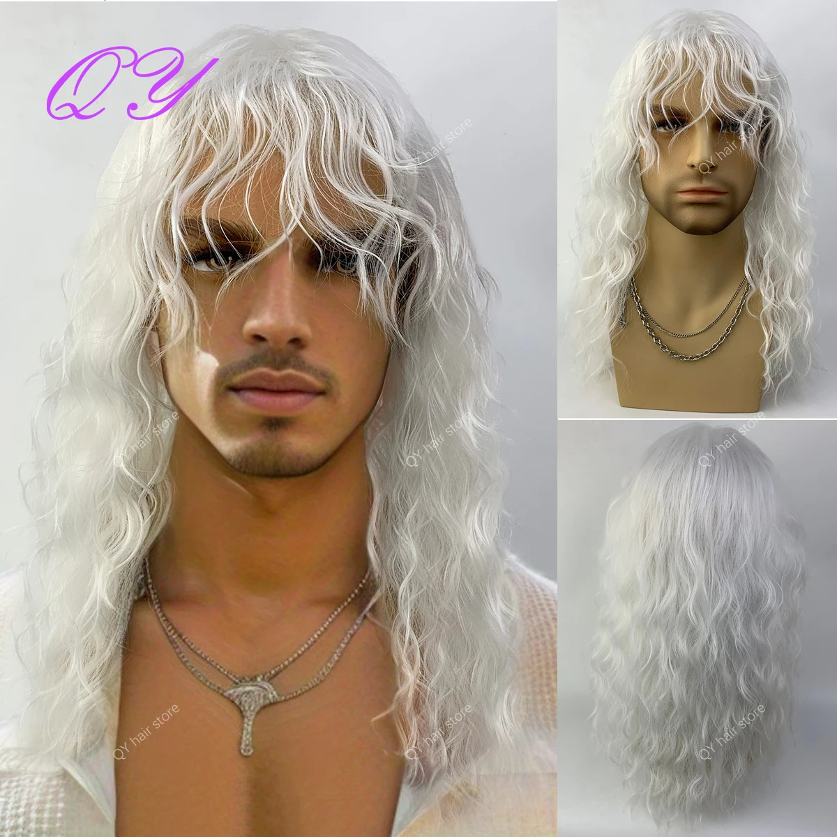 Synthetic Men Wig Natural Curly Dark Brown Color Male Wig With Bangs Water Wave Daily or Cosplay Adjustable Man Hair Wig 241213