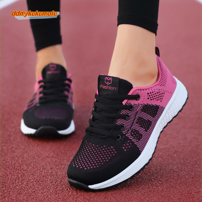 Casual Breathable Walking Mesh Lace Up Flat Shoes Sneakers Women Tenis Feminino Pink Black White #30 ddmykukumalu