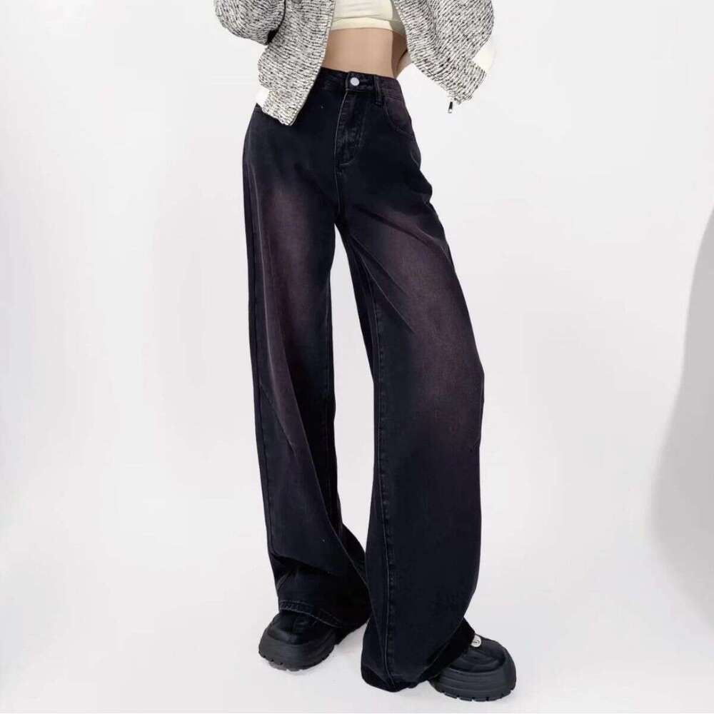 autumn spicy girl retro high waisted vintage color loose wide jeans for women straight leg mopping denim pants 2024 new casual fashion trend clothing