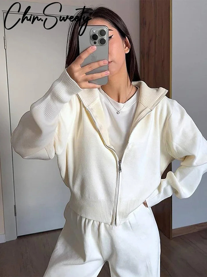 Casual Knitted Jacket Pants Set Solid Stand Collar Zippers Coat Wide Leg Pleated Trousers 2024 Autumn Lady Street Outfit 241203