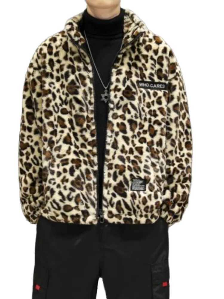 2022 Winter New Harajuku Leopard Artificial Fur Coat Plush and Thick Couple Loose Cotton Dress Fashion Trend W241213