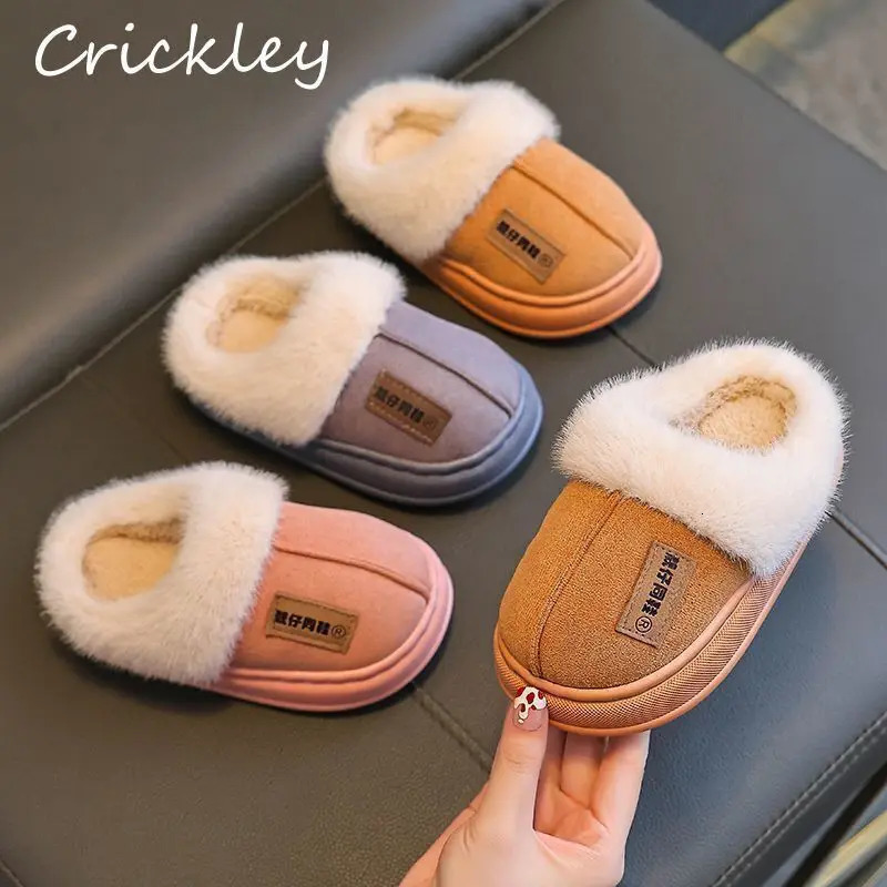 Solid Furry Children Slippers Winter PU Warm Plush Indoor Slippers For Kids Soft Bottom Boys Girls Floor Shoes 241213