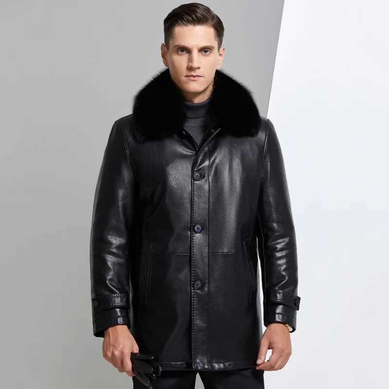 Winter middle-aged and elderly mens detachable fur collar casual leather jacket W241213