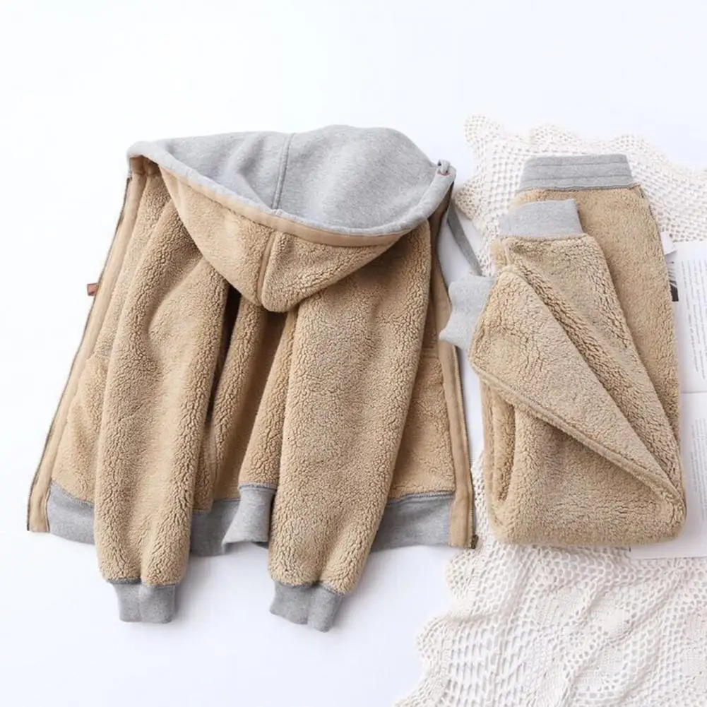 Wool Lamb Fleece Sweatshirt Pant Outfit Hoodies Jogger Pants Twopiece Set Thickened Drawstring Autumn Women Sports Suit 241203