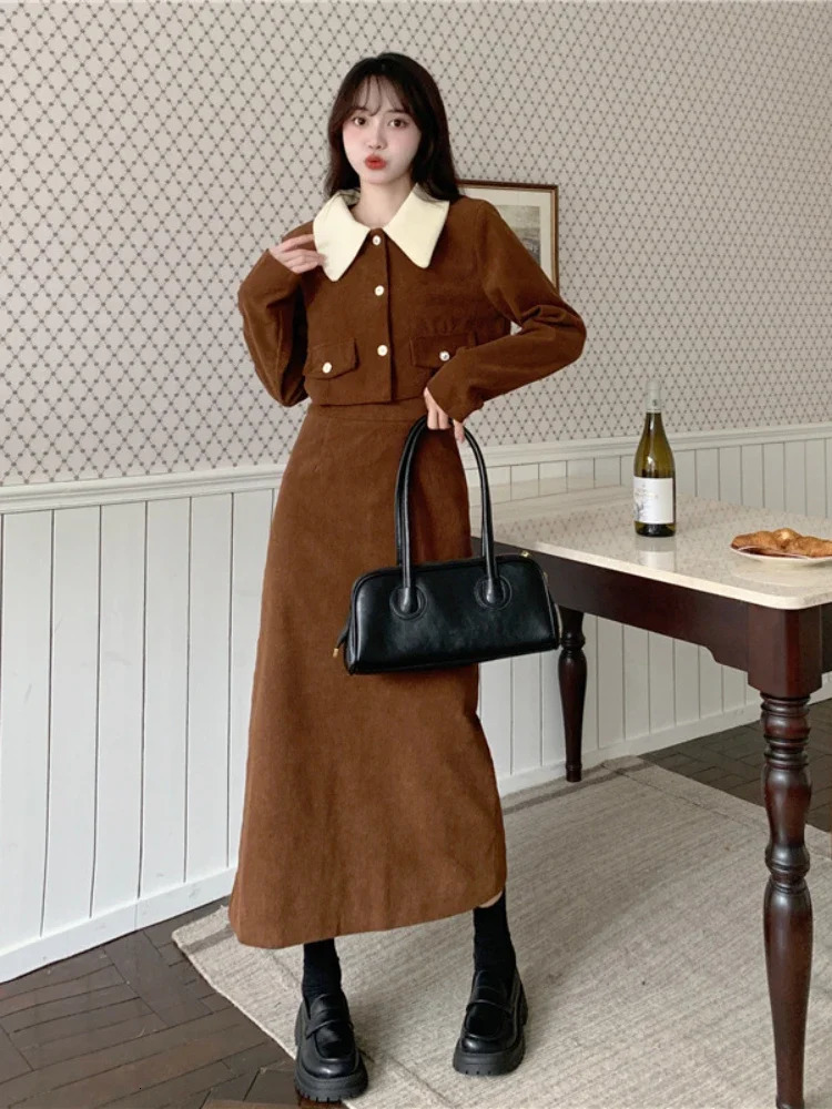 Fashion Two Piece Set Autumn Corduroy Versatile Solid Lapel Button Pocket Small Fragrant Coat Slim Aline Half Length Skirt 241211