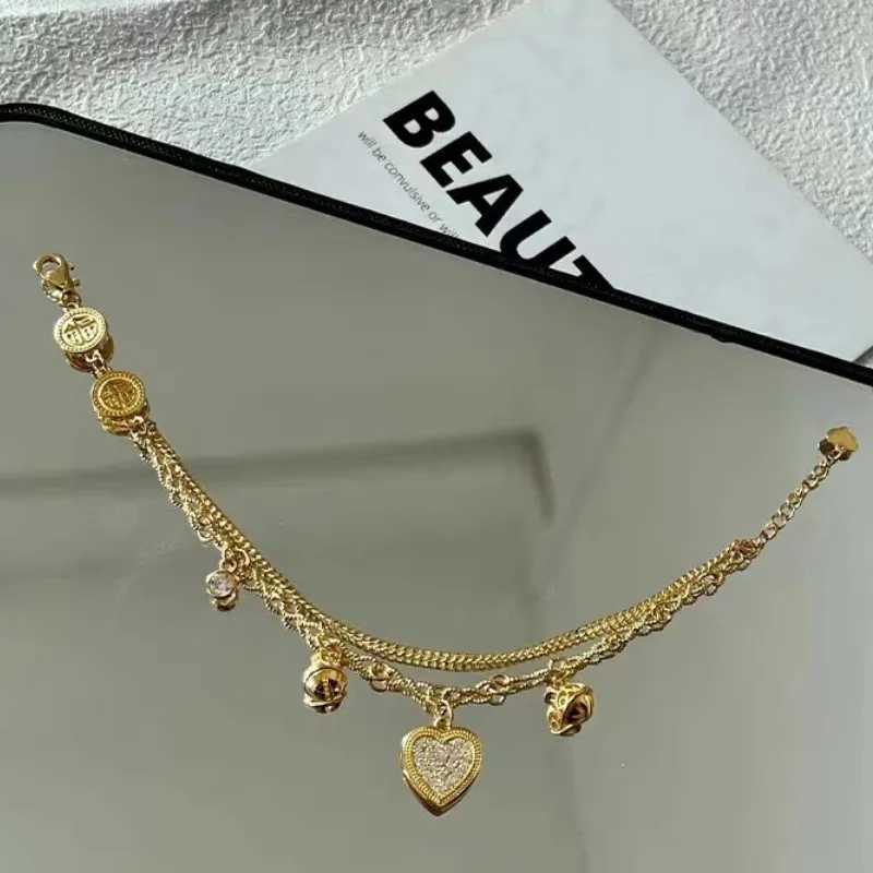 ANENJERY Gold Color Heart Zircon Pendants Bracelet Double Layer Chain Charm Valentines Day Jewelry Gifts For Women rsXJ241214
