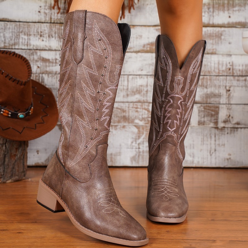 High Knee Boots 2024 New Trend Wedge Heels Embroidered Winter Shoes For Women Black Khaki Cowgirl Cowboy Boots36-43