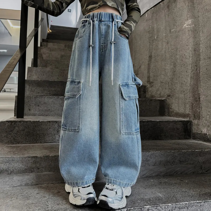 Cargo Jeans for Girls Spring Autumn Loose Casual Elastic Waist Teenage Children Wide Leg Pants Streetwear Kids Trousers 241213