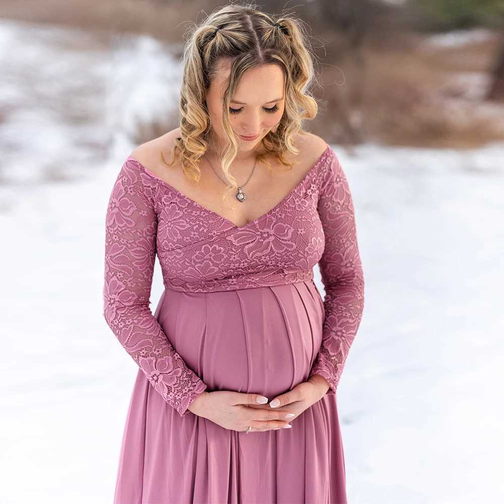 Materni Lace Photography Gown V-Neck Long Sleeve Maxi Elegant Pregnancy Dress For Baby Shower PhotographyXJ241213