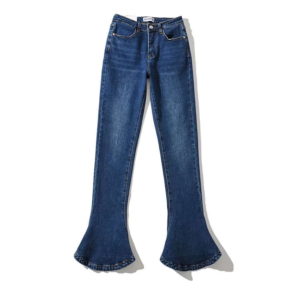 American INS autumn spicy girl retro high waisted elastic slim fit leg showing long horseshoe for women with micro horn denim pants 2024 new casual fa