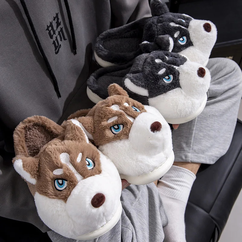 Women Indoor Cotton Slippers Cute Cartoon Dog Winter Warm Shoes Couples Home Floor Slides Antislip Female Male House Footwear 241214