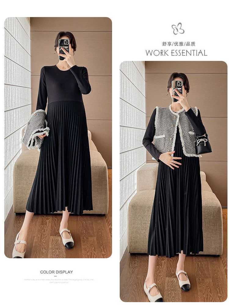 Korean Sle Autumn Pregnant Woman Pleated Dress Long Sleeve Turtleneck Fashion Materni Elegant Dress Pregnancy Evening DressXJ241213