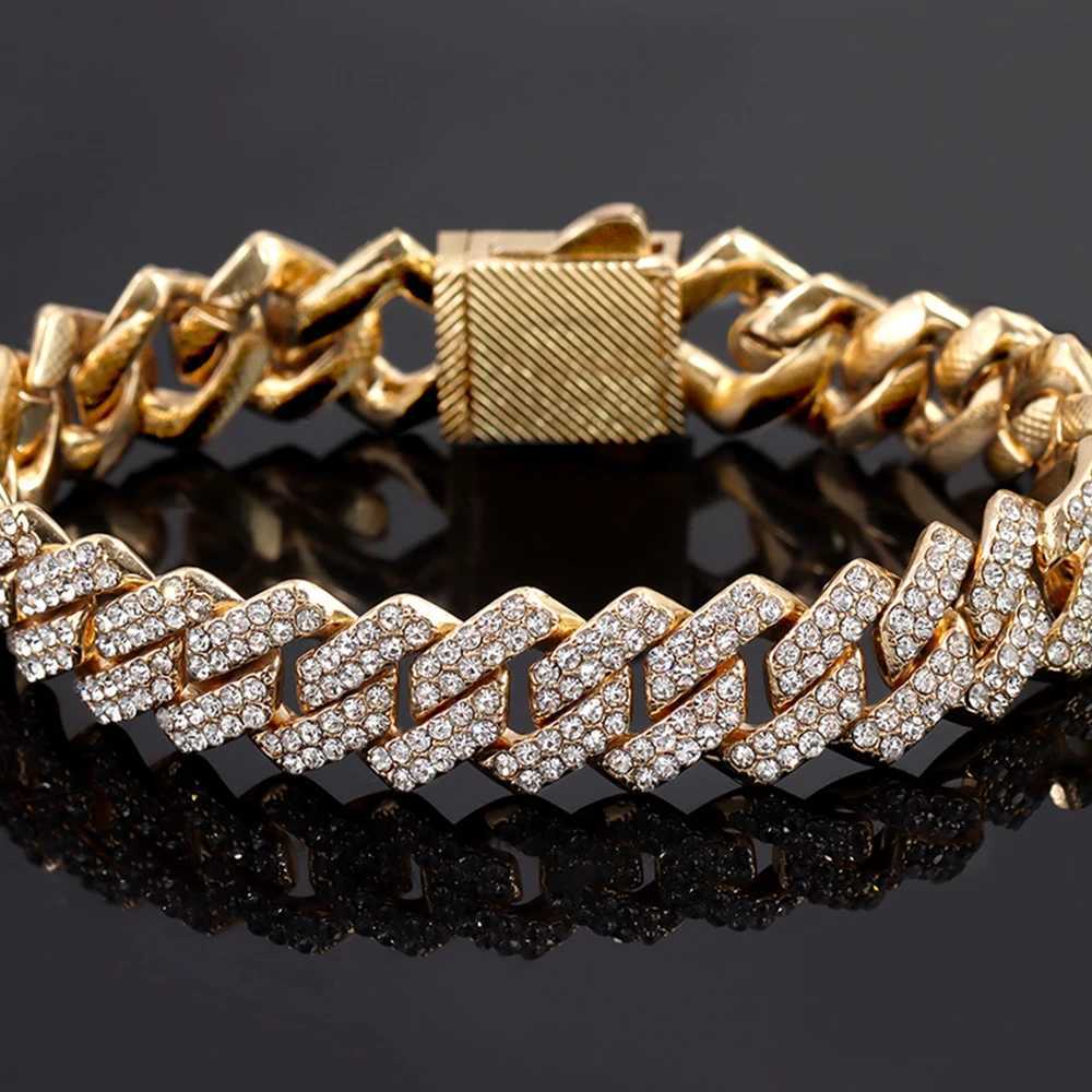 7/8/9inch 14MM Cuban Link Chain Bracelets Women Men Rhinestone Paved Prong Cuban Chain Bracelet Wristband Hip Hop JewelryXJ241218