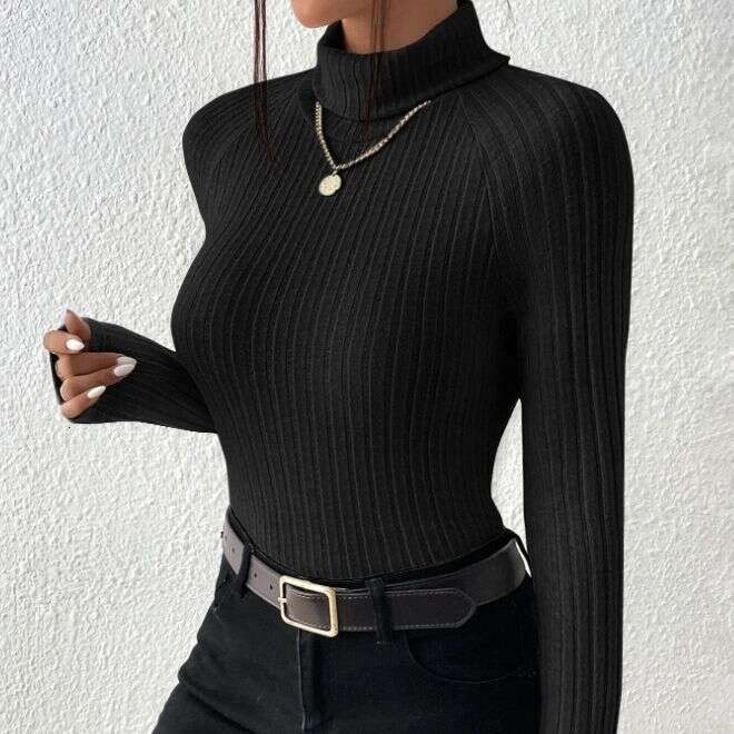 2023 European and American autumn new knitted base shirt with versatile temperament, high neck long sleeved pullover T-shirt