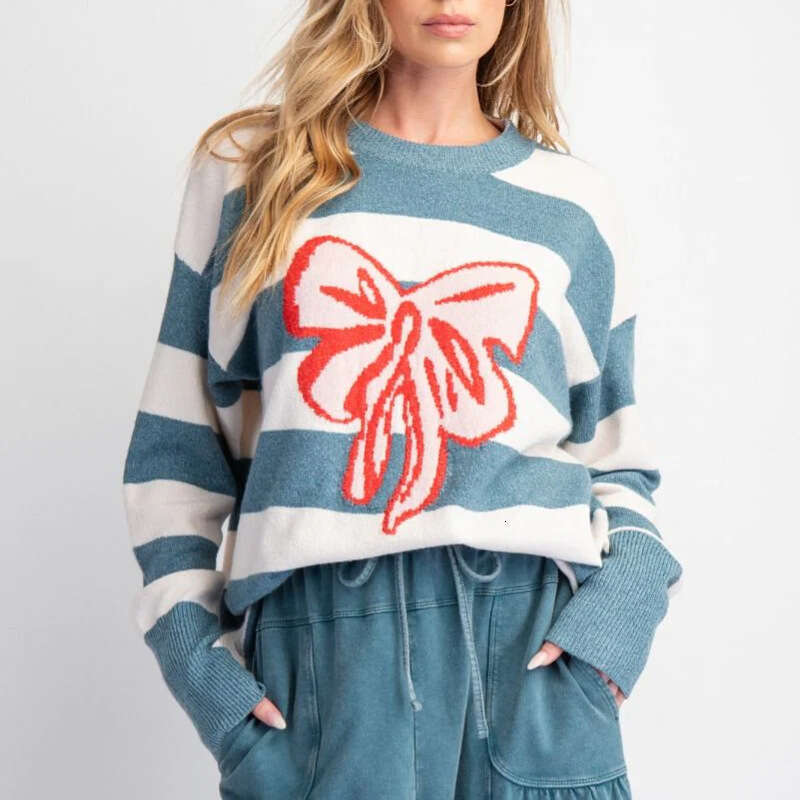 2024 European and American Jacquard Knitted Round Neck Intercolor Hoodie Long Sleeve Bow Sweater Women's