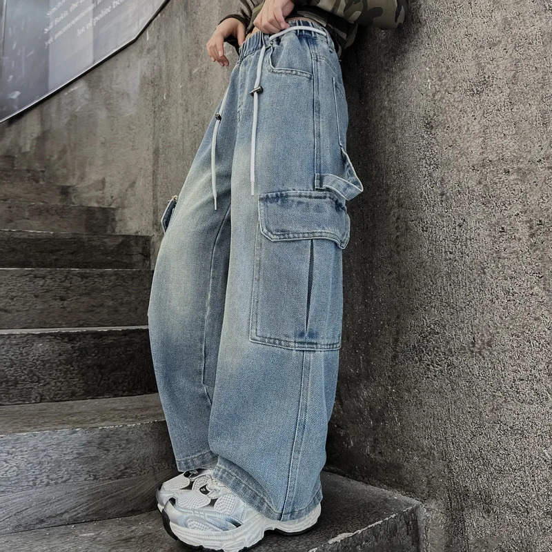 Cargo Jeans for Girls Spring Autumn Loose Casual Elastic Waist Teenage Children Wide Leg Pants Streetwear Kids Trousers 241213
