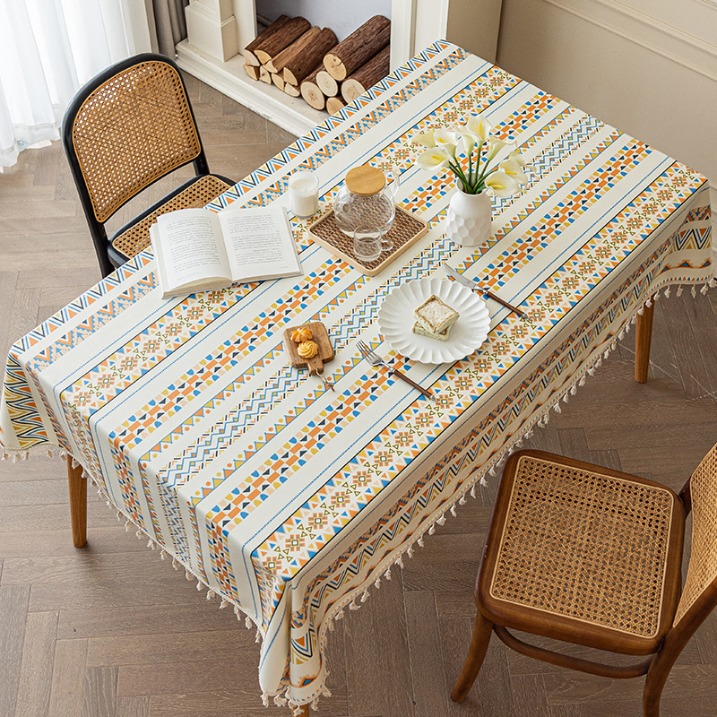 Cotton And Linen Non Washable Fabric, Ethnic Style Rectangular Tassel Tablecloth Waterproof And Oil Resistant LN1266