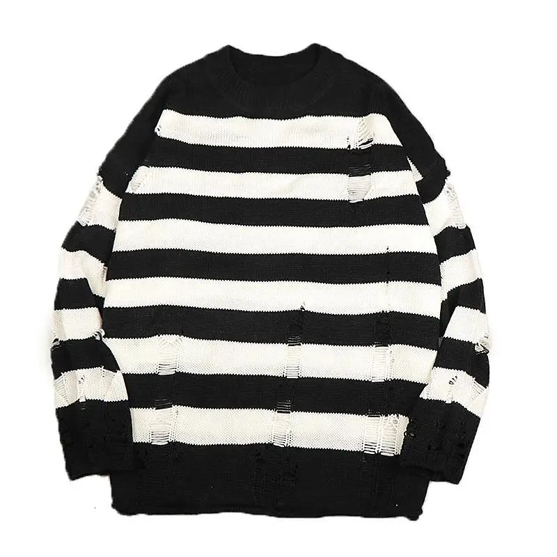 Black Stripe Sweaters Destroyed Ripped Sweater Men Pullover Hole Knit Jumpers Oversized Sweatshirt Harajuku Long Sleeve Tops 241213